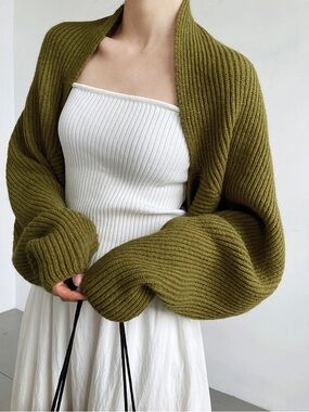 Commense Olive Green Ribbed Knit Shrug Large Cozy Comfy Lounge